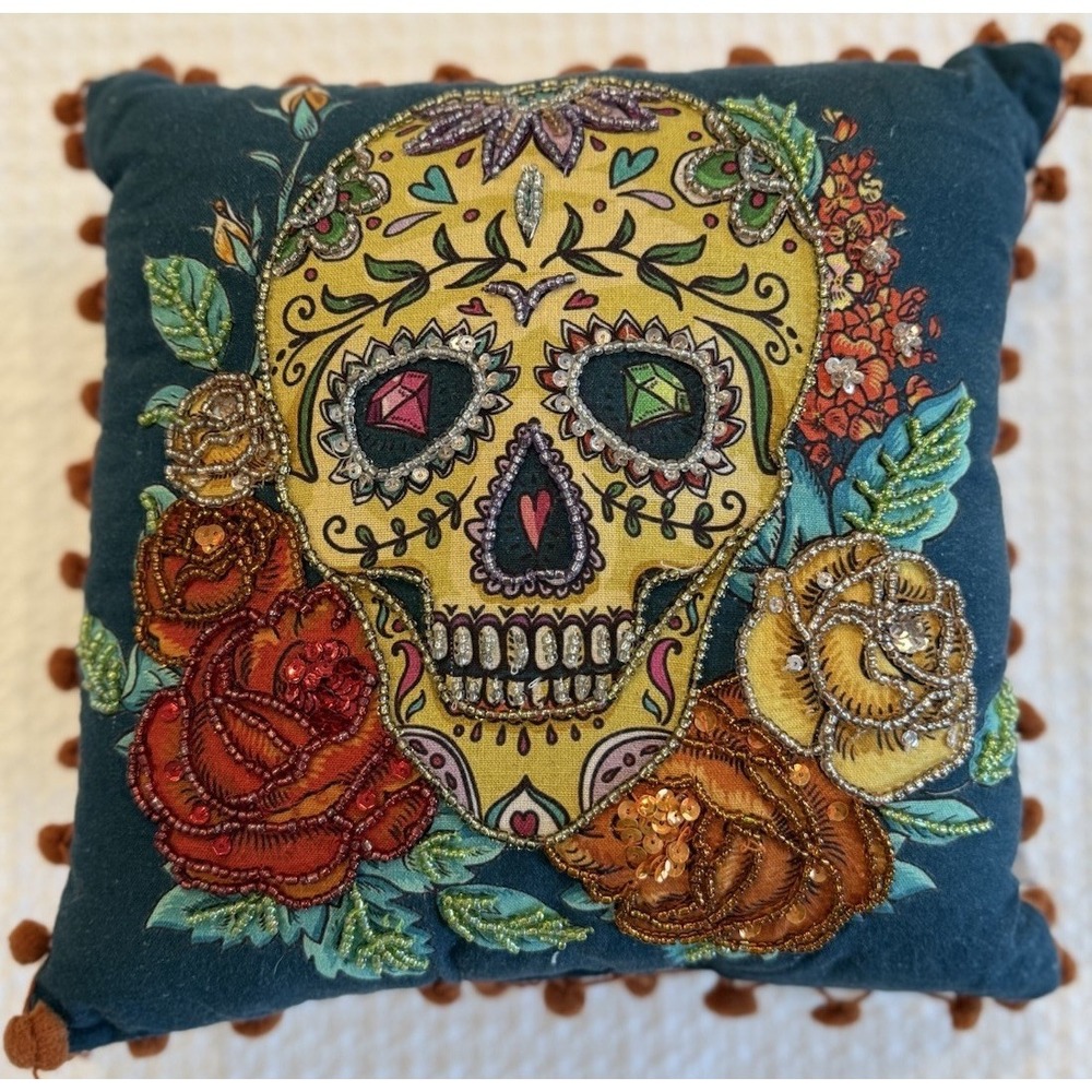 Mortar & Bone Halloween Sugar Skulls Day of the Dead Beaded 12" Toss Pillow
